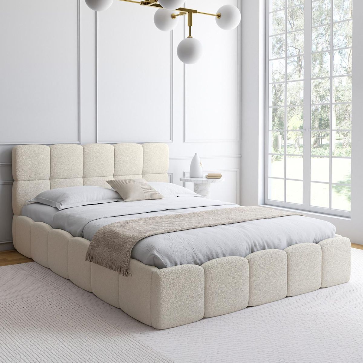 ID MARKET Lit coffre double NUAGE avec tête de lit matelassée et sommier 140 x 190 cm tissu bouclette blanc