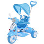 Voir la diapositive 1 : HOMCOM Tricycle enfants évolutif canne, pare-soleil pliable amovible effets lumineux sonores métal blanc PP polyester bleu