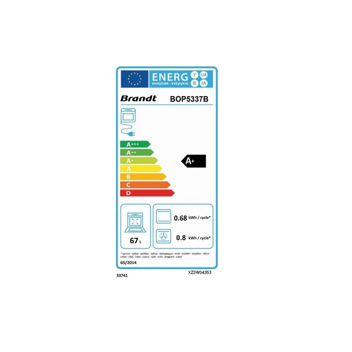 BRANDT Four intégrable multifonction 67l 60cm à pyrolyse noir - BOP5337B