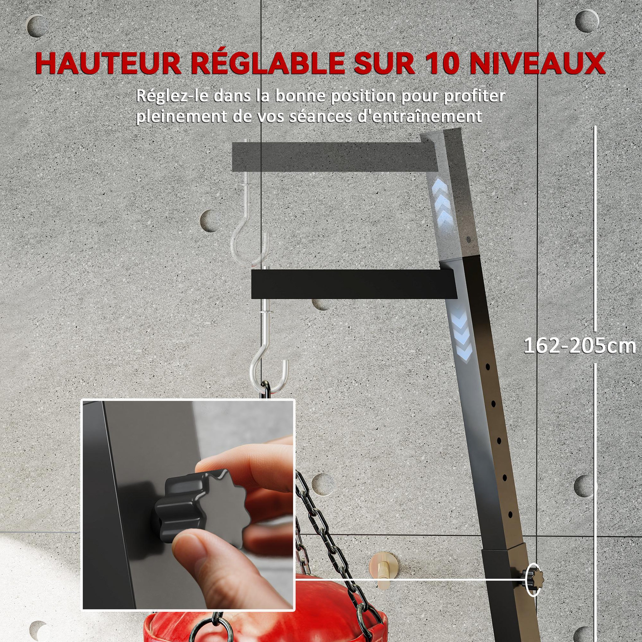 Voir la diapositive 5 : HOMCOM Support sac de frappe sur pied - hauteur réglable, pliable, à lester - charge max. 60 kg - acier noir