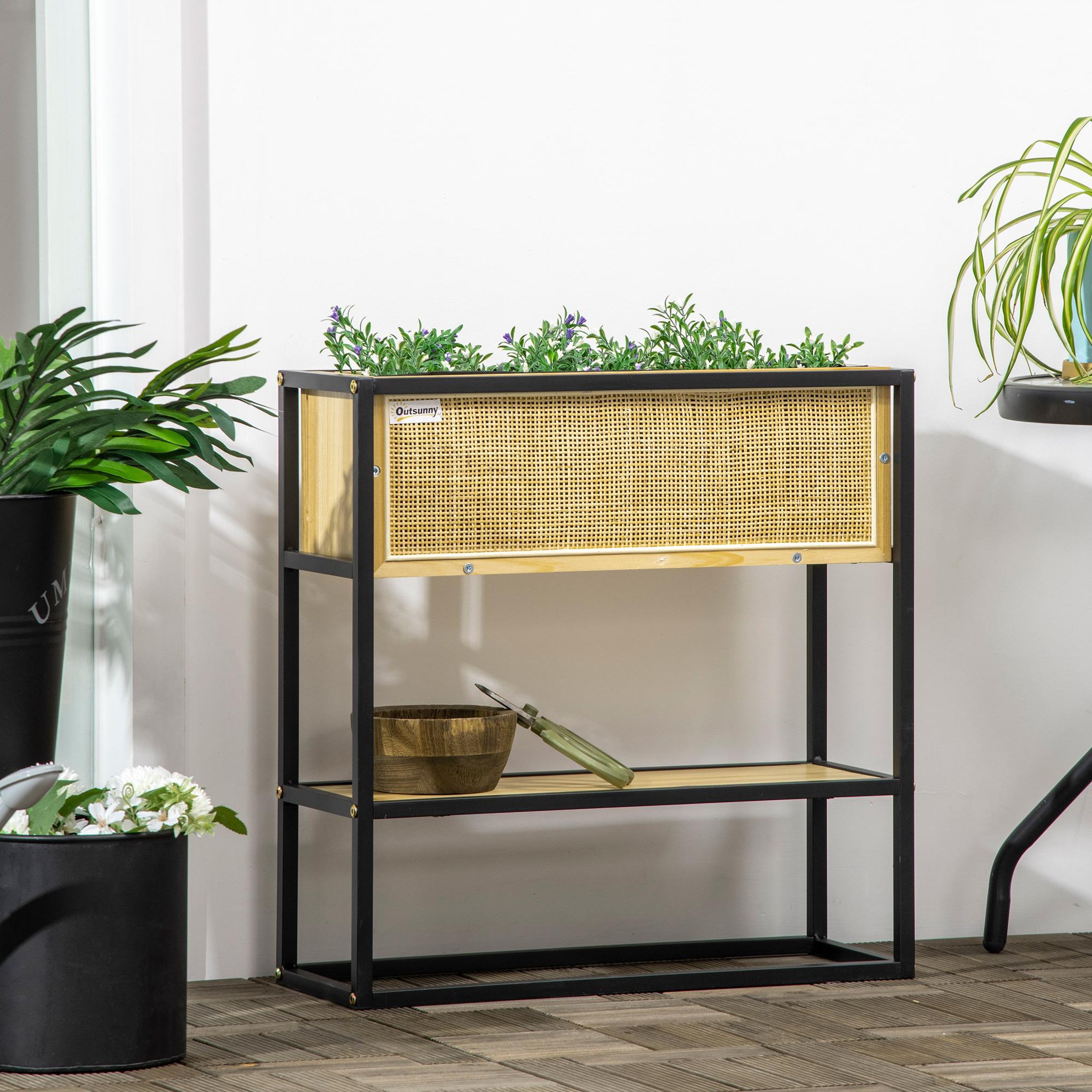Voir la diapositive 2 : OUTSUNNY Jardinière sur pied style naturel - géotextile inclus, étagère intégrée - métal noir bois sapin verni bambou tressé