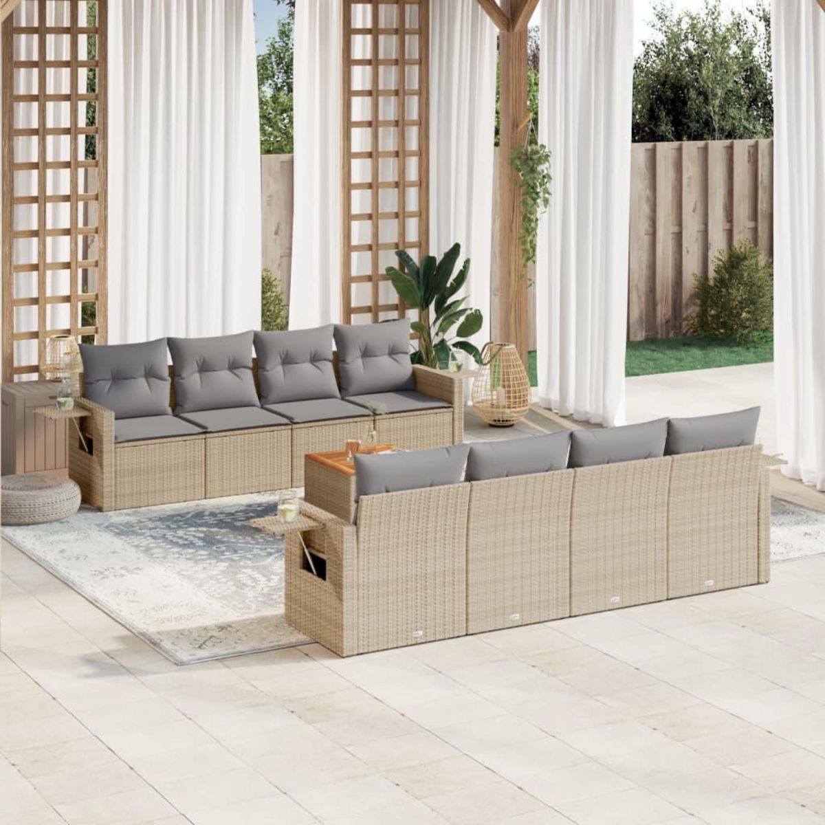 VIDAXL Salon de jardin avec coussins 9 pcs beige resine tressee