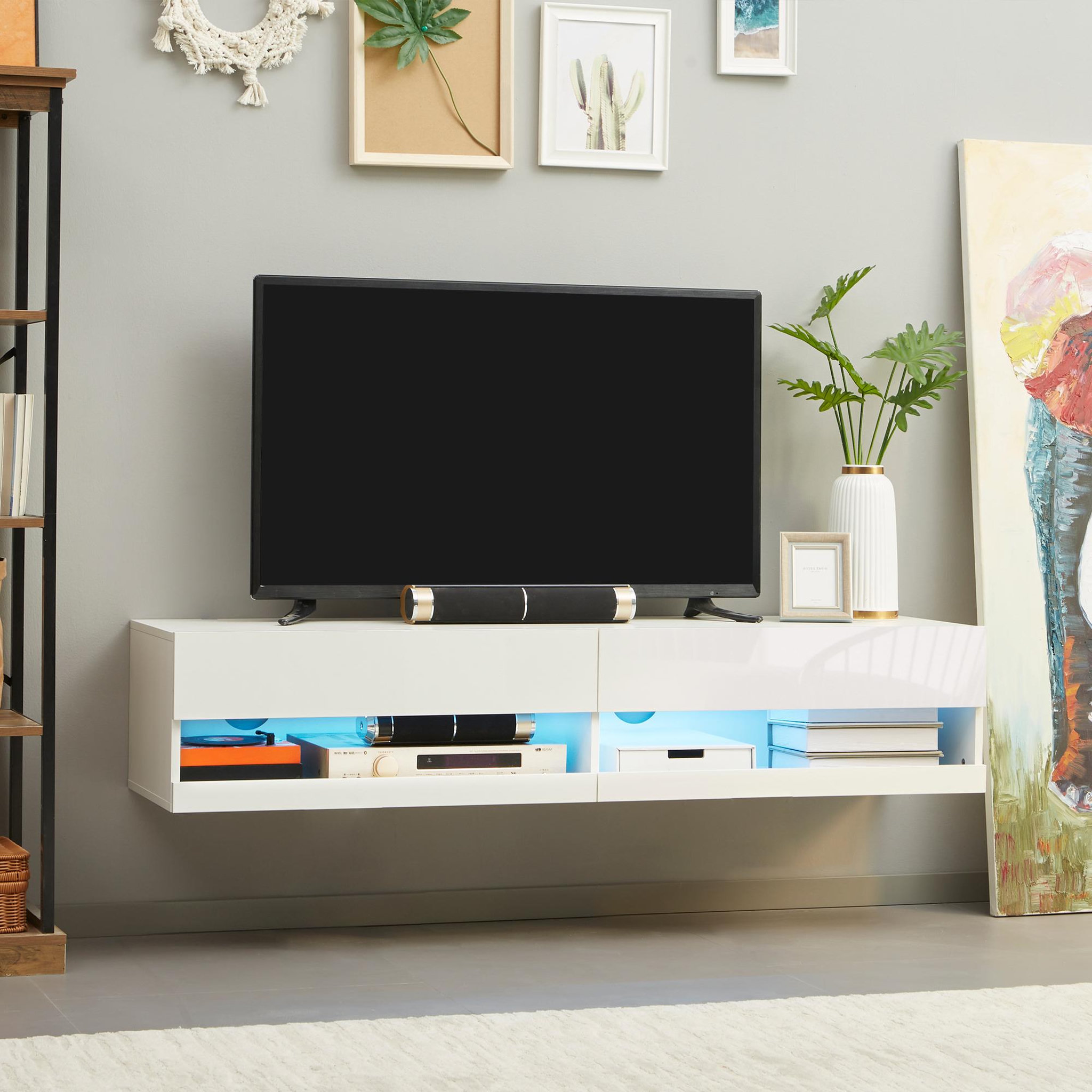 Voir la diapositive 4 : HOMCOM Meuble TV mural LED - banc TV flottant - 2 portes battantes - dim. 150L x 40l x 30H cm - blanc laqué