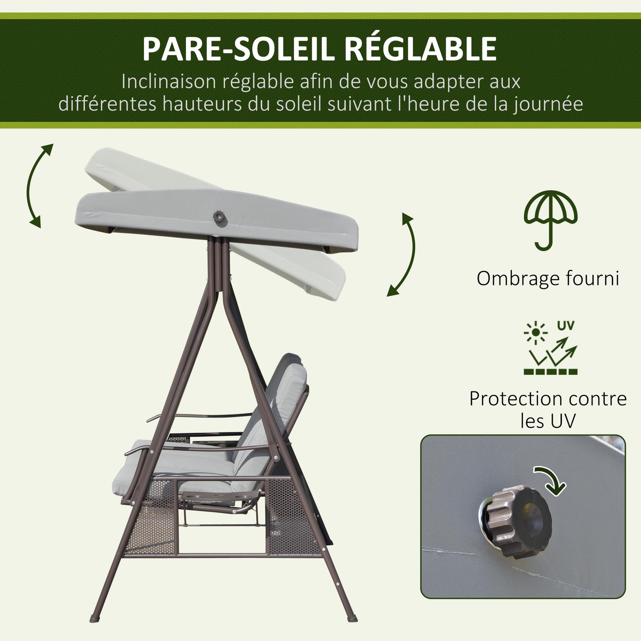 Voir la diapositive 5 : OUTSUNNY Balancelle de jardin 3 places grand confort toit inclinaison réglable coussins plateaux rétractables polyester filé gris