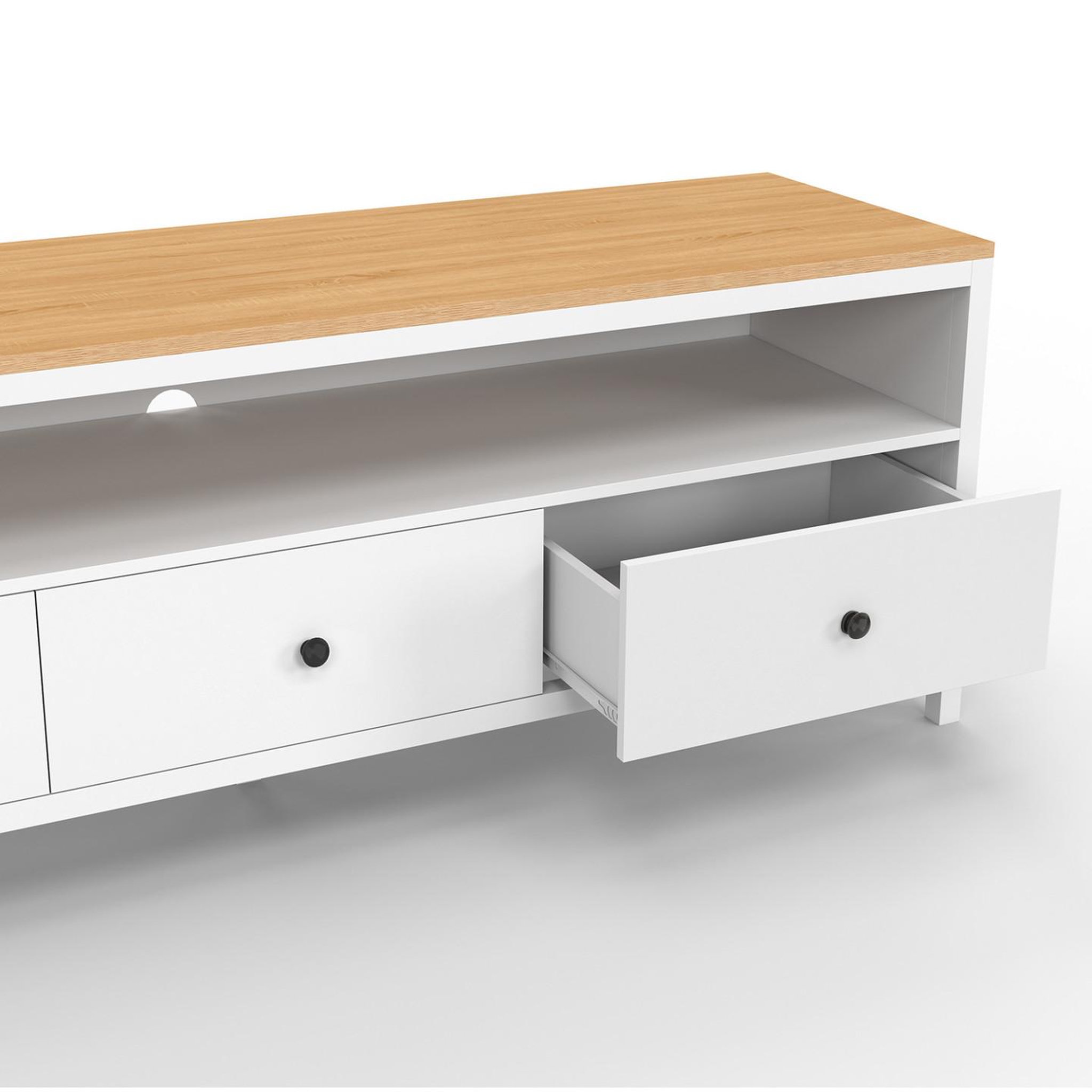 Voir la diapositive 6 : ID MARKET Meuble tv 140 cm achille 3 tiroirs blanc et plateau bois