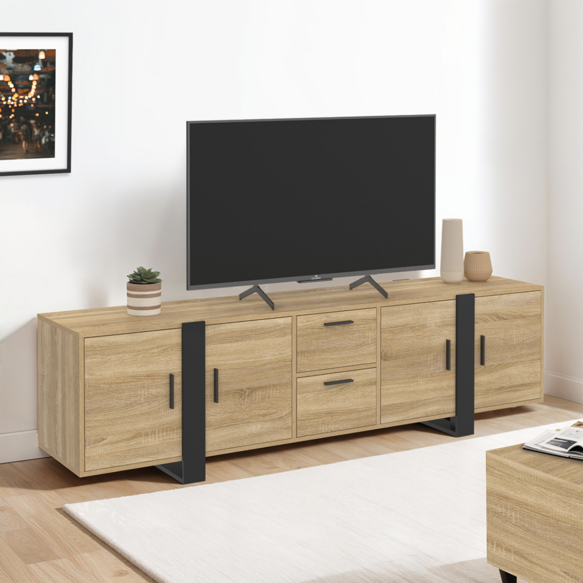 ID MARKET Meuble TV 180 cm PHOENIX 4 portes + 2 tiroirs bois et noir
