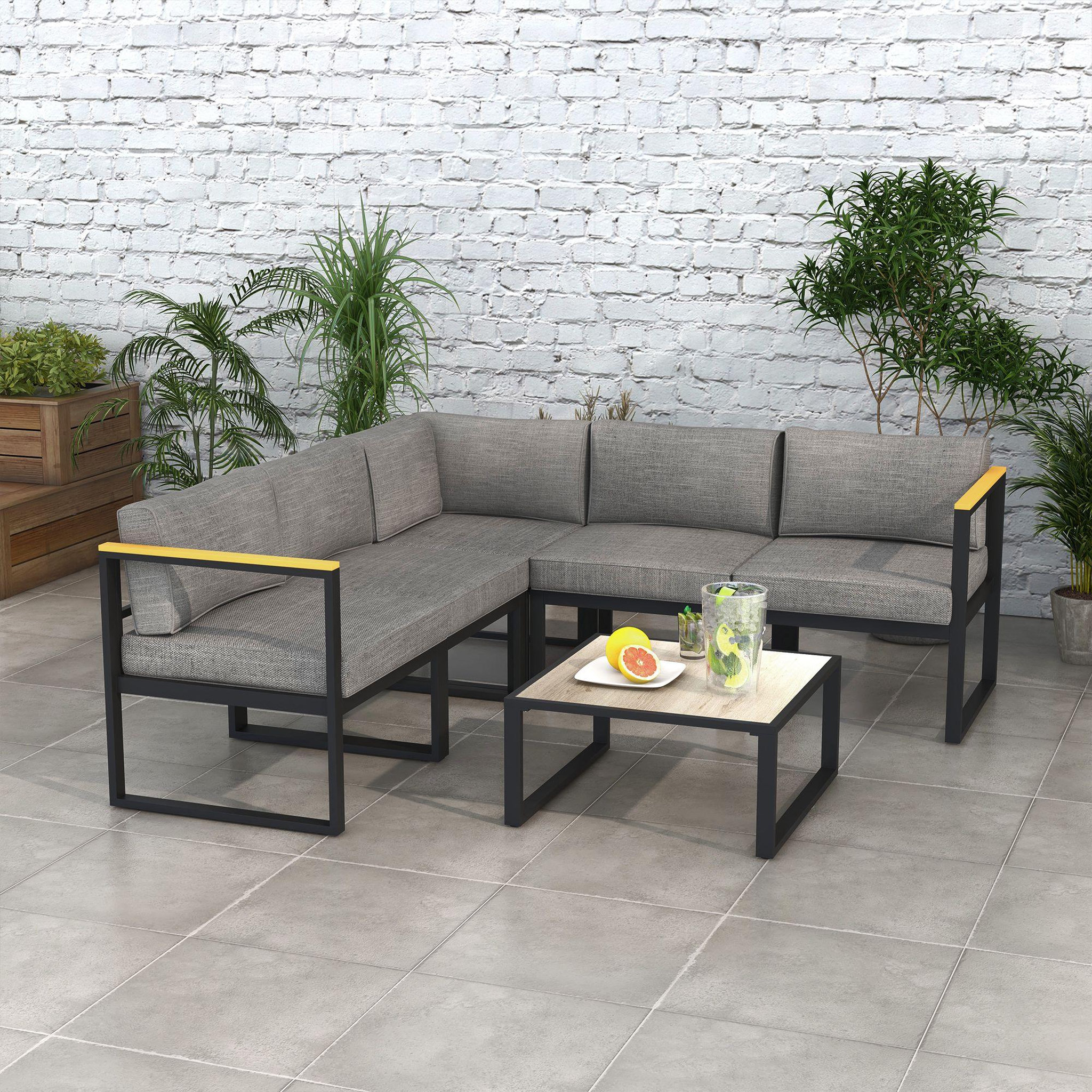 Voir la diapositive 2 : OUTSUNNY Ensemble salon de jardin d'angle 5 places design contemporain table basse coussins alu