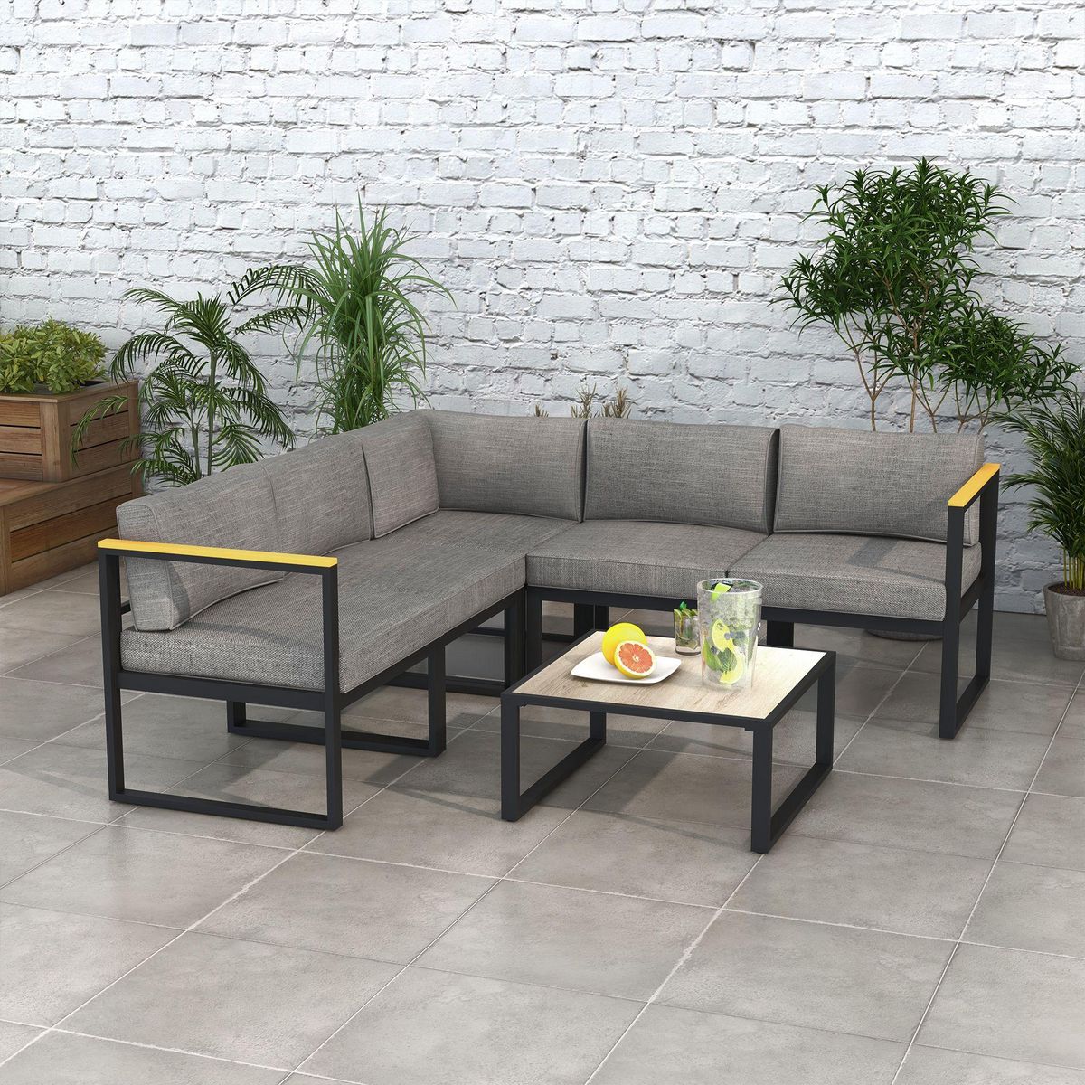 OUTSUNNY Ensemble salon de jardin d'angle 5 places design contemporain table basse coussins alu