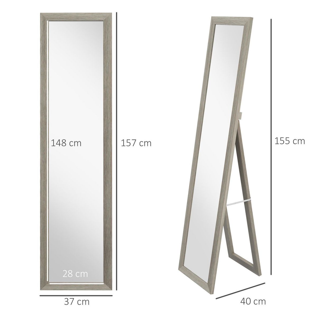 HOMCOM Miroir sur pied et mural rectangulaire dim. 37L x 40l x 157H cm aspect bois gris