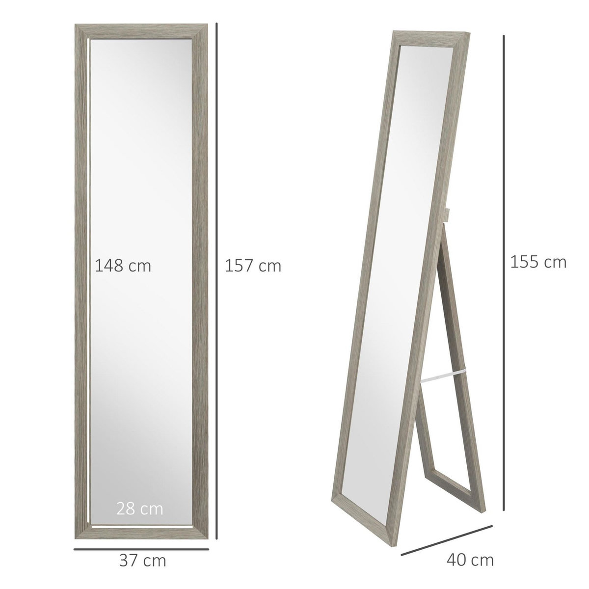HOMCOM Miroir sur pied et mural rectangulaire dim. 37L x 40l x 157H cm aspect bois gris