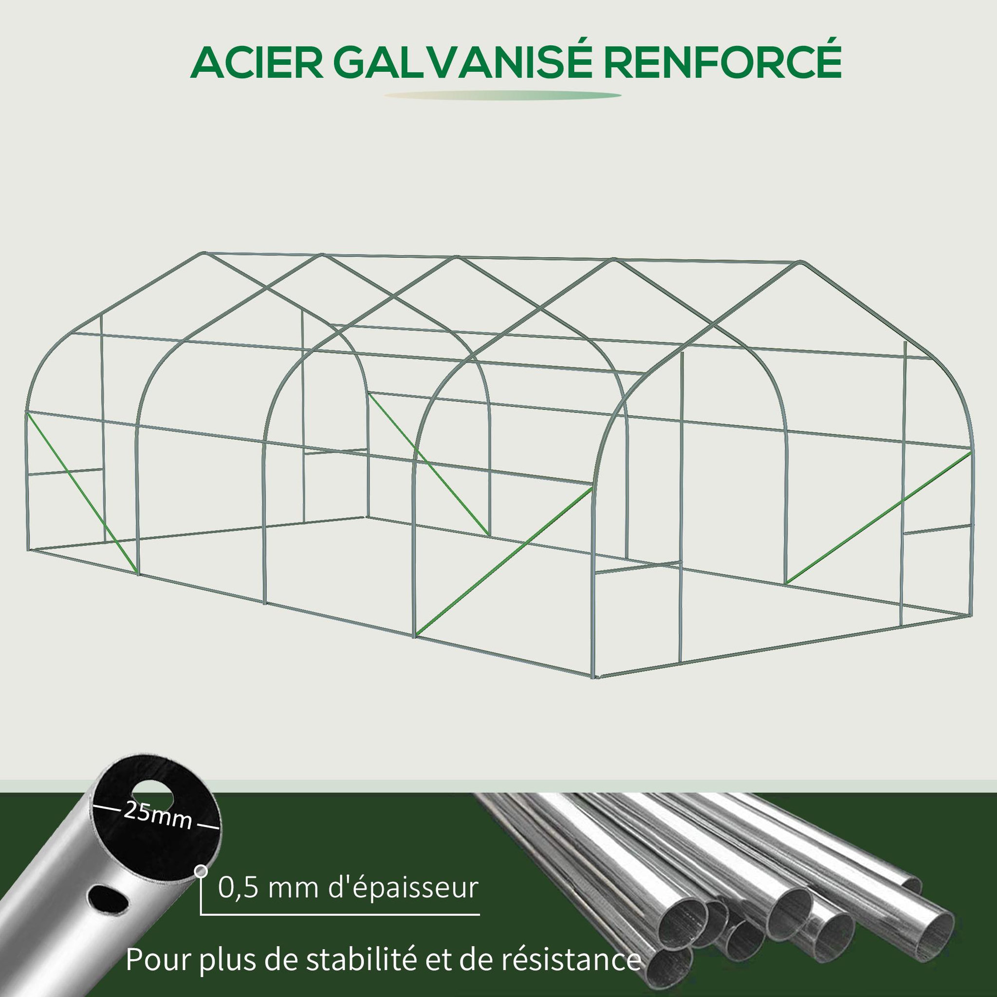 Voir la diapositive 4 : OUTSUNNY Serre tunnel grande taille 17,85 m² châssis tubulaire acier galvanisé renforcé 2,4 cm 8 fenêtres 1 porte vert