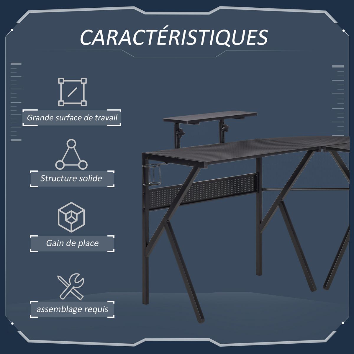 HOMCOM HOMCOM Bureau gaming d'angle bureau gamer bureau informatique bracket casque porte-gobelet étagère écran réglable métal panneaux texture carbone noir