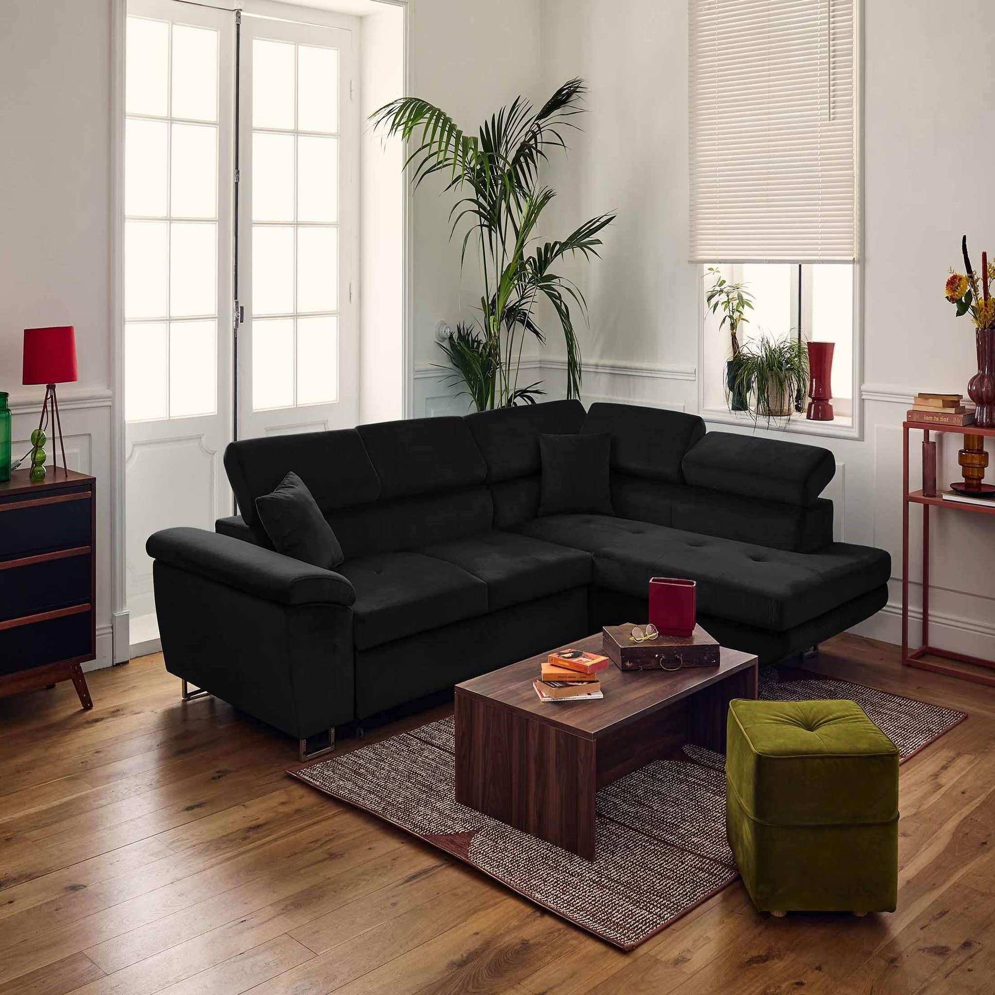 Voir la diapositive 5 : BEST MOBILIER Dimas - canapé d'angle droit 5 places - convertible avec coffre et têtières réglables - en velours