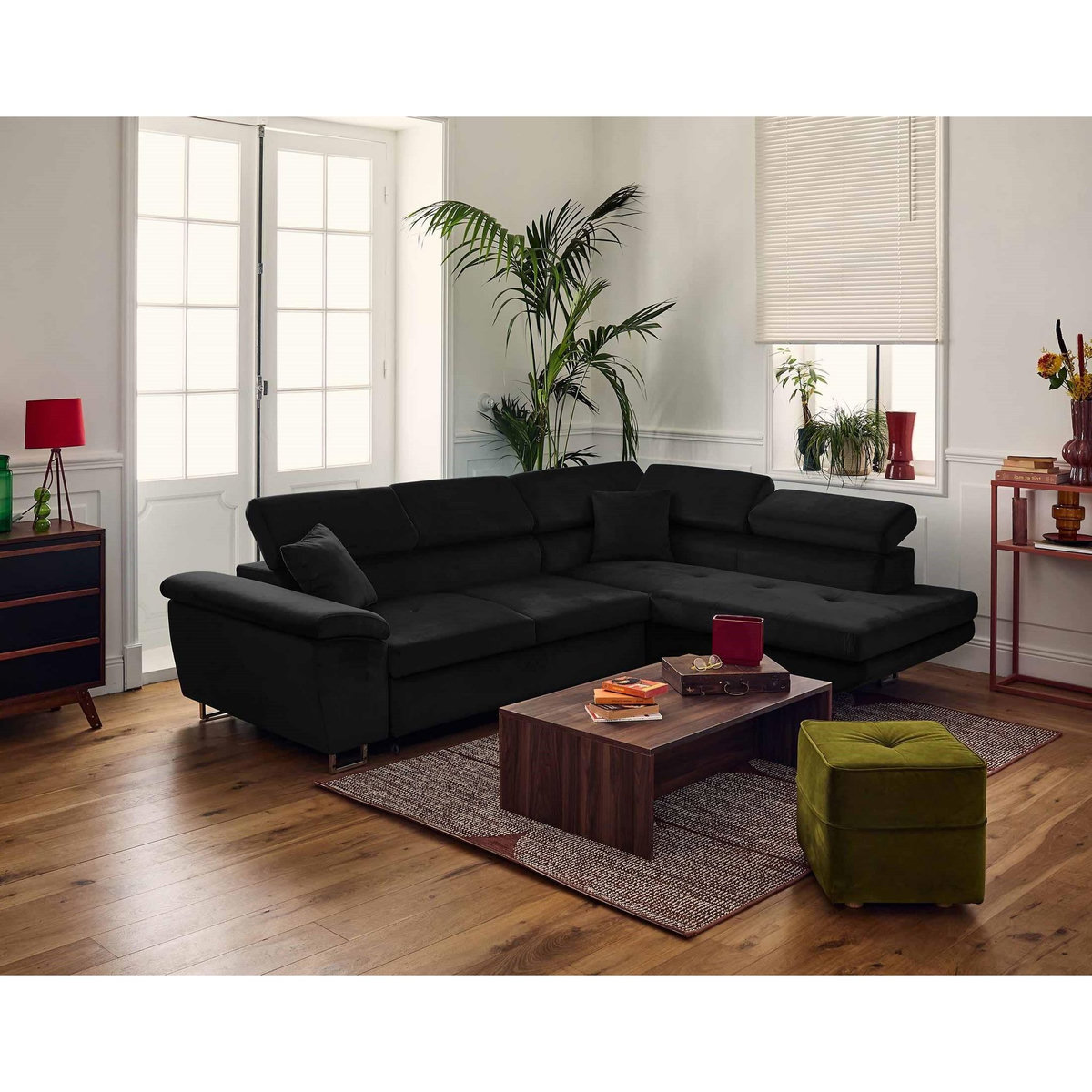 BEST MOBILIER Dimas - canapé d'angle droit 5 places - convertible avec coffre et têtières réglables - en velours