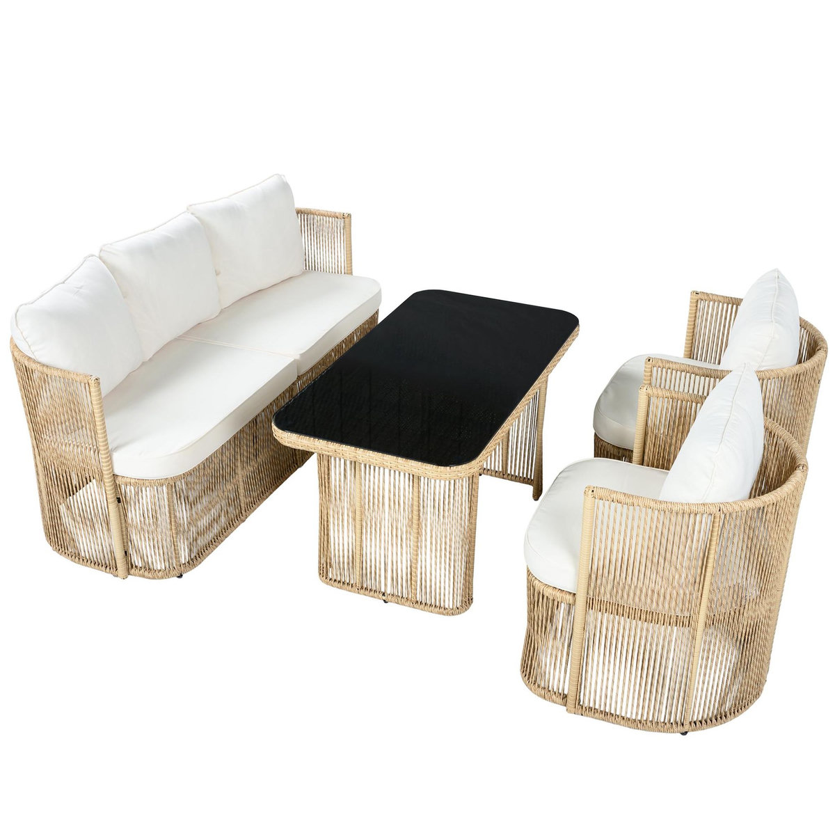 MERAX Salon de jardin 5 places avec canapé 3 places, 2 fauteuils et table verre,beige blanc