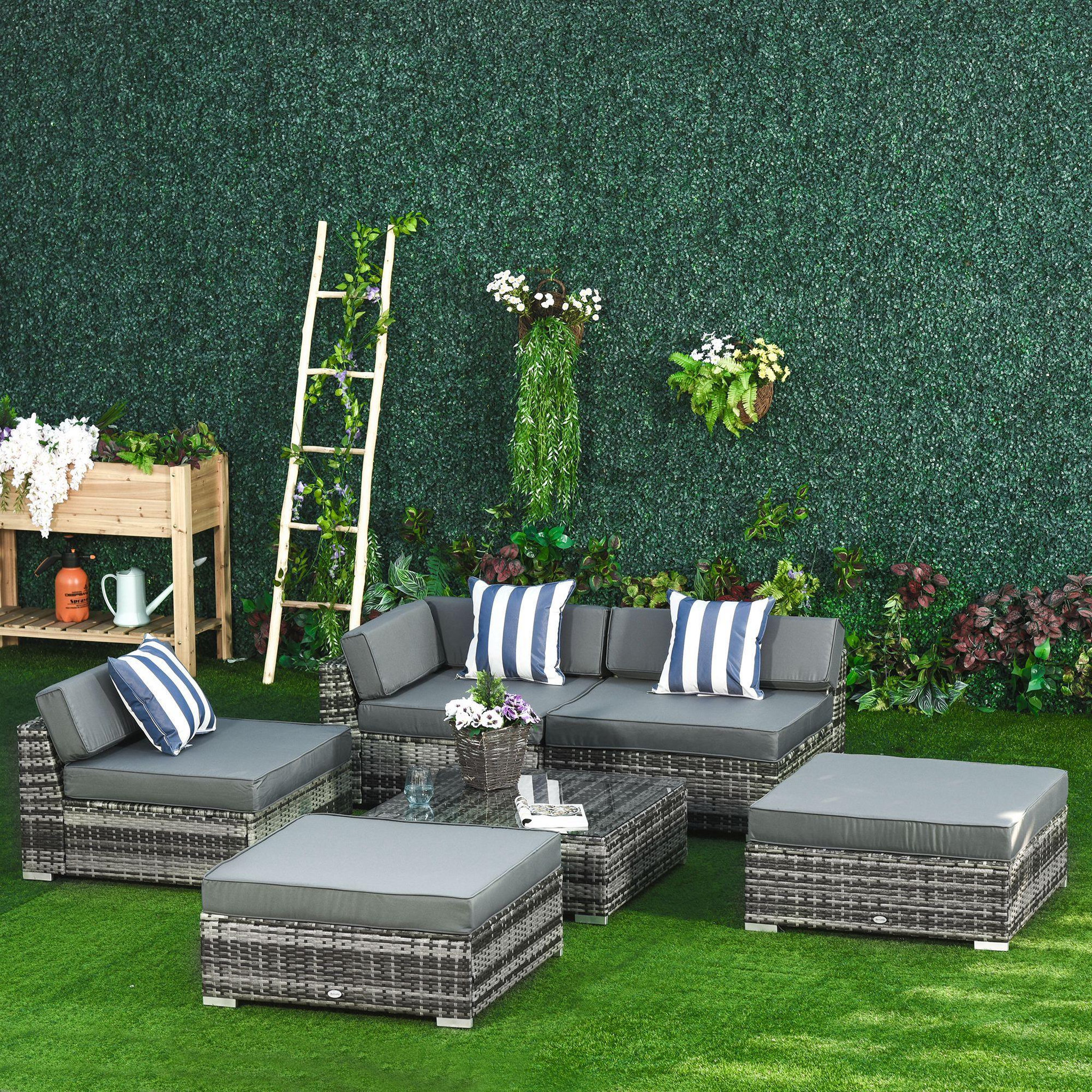Voir la diapositive 2 : OUTSUNNY Ensemble salon de jardin 5 places 6 pièces modulables plateau verre trempé coussins déhoussables résine tressée imitation rotin gris