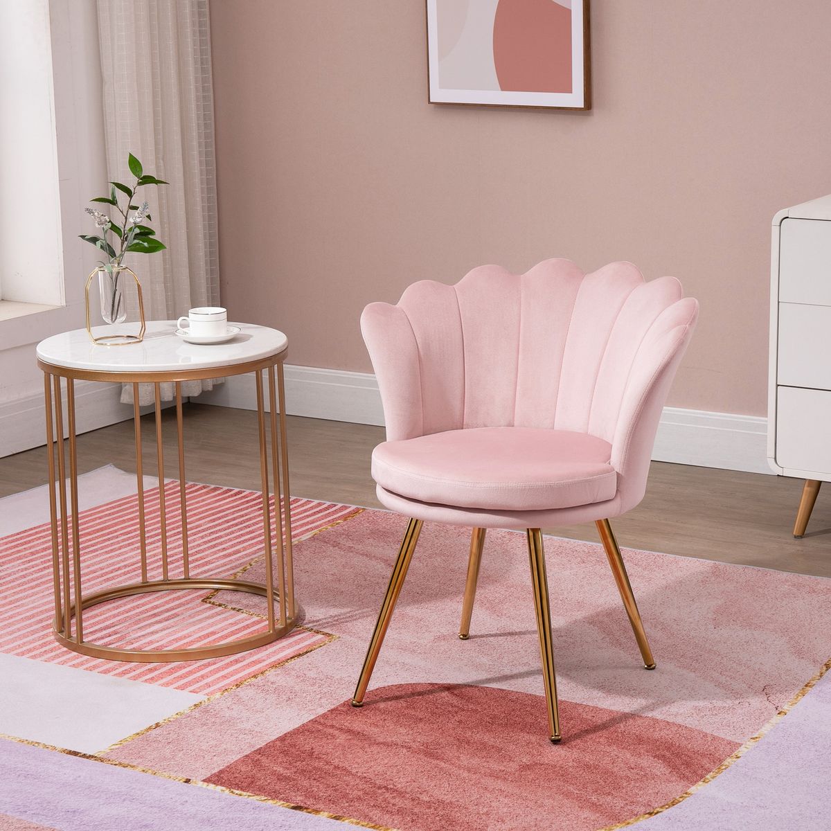 HOMCOM Chaise coquillage chaise design pieds métal dorés effilés velours rose poudré