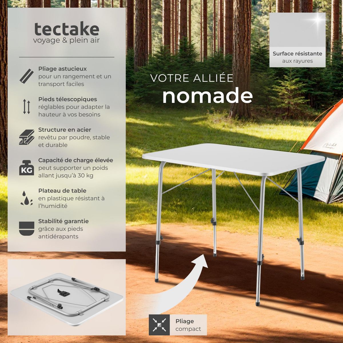tectake Table de camping pliable gris