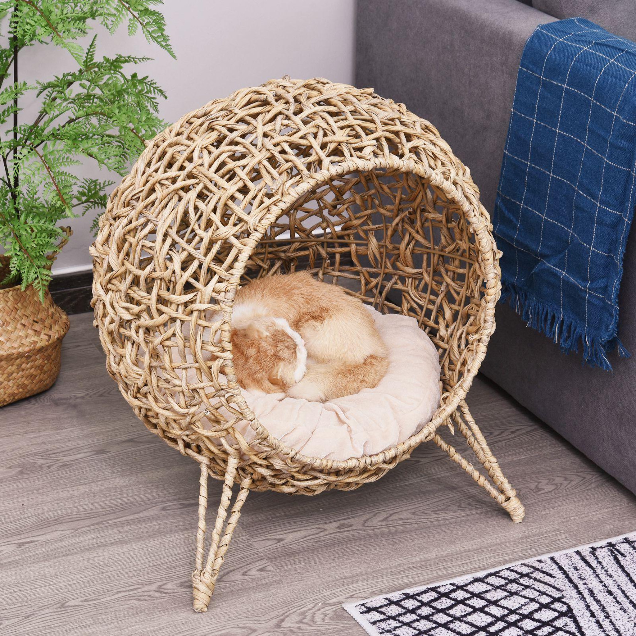Voir la diapositive 2 : PAWHUT Pawhut panier chat lit chat cosy grand confort dim. Ø 52 x 58h cm coussin moelleux inclus résine tressée imitation rotin beige