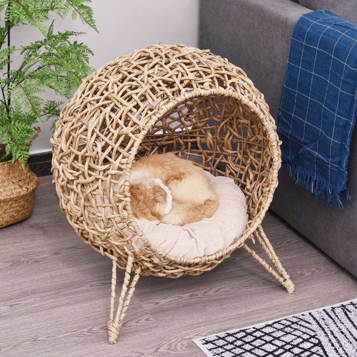 PAWHUT PawHut Panier chat lit chat cosy grand confort dim. Ø 52 x 58H cm coussin moelleux inclus résine tressée imitation rotin beige