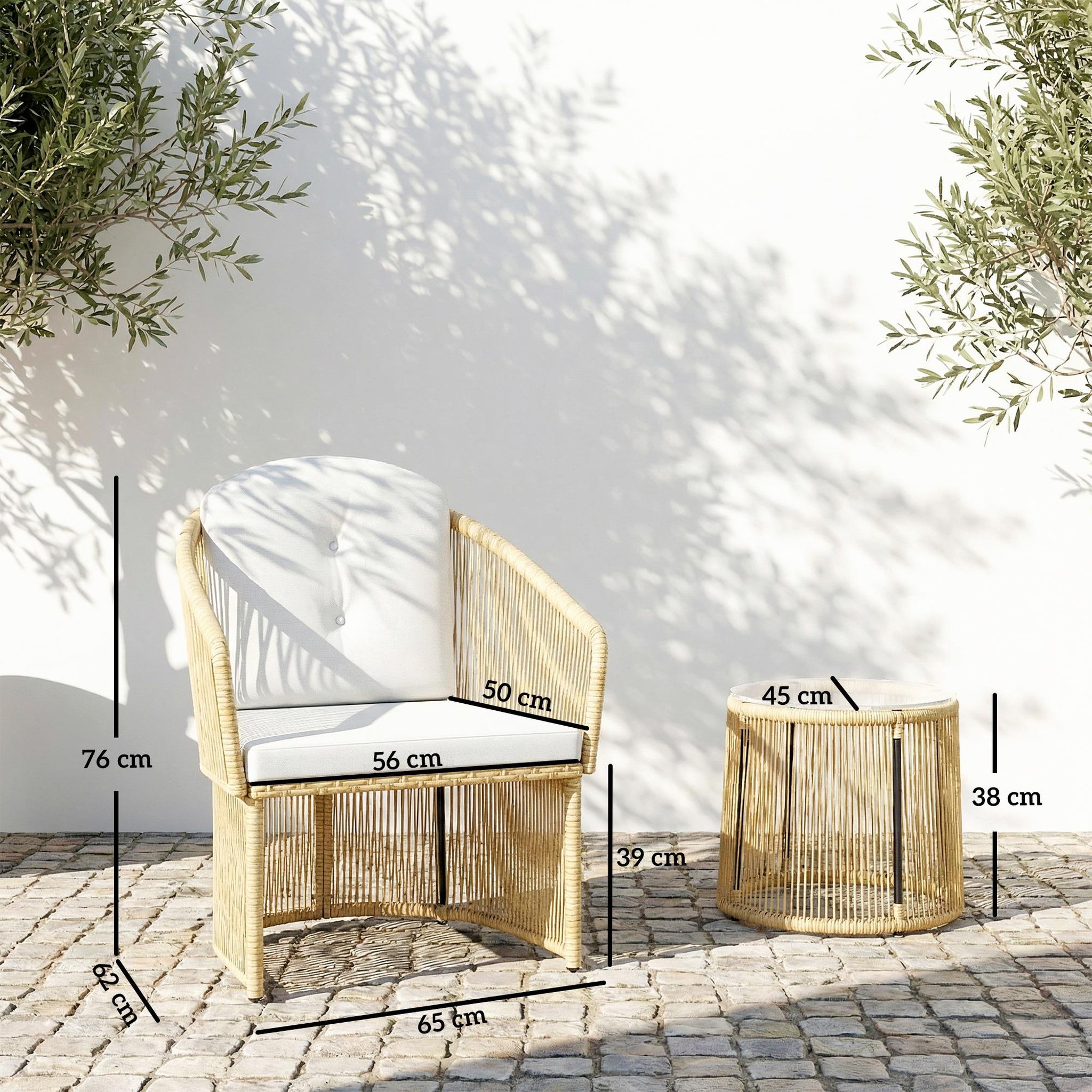 Voir la diapositive 3 : OUTSUNNY Salon de jardin résine tressée 2 places - plateau verre coussins - crème