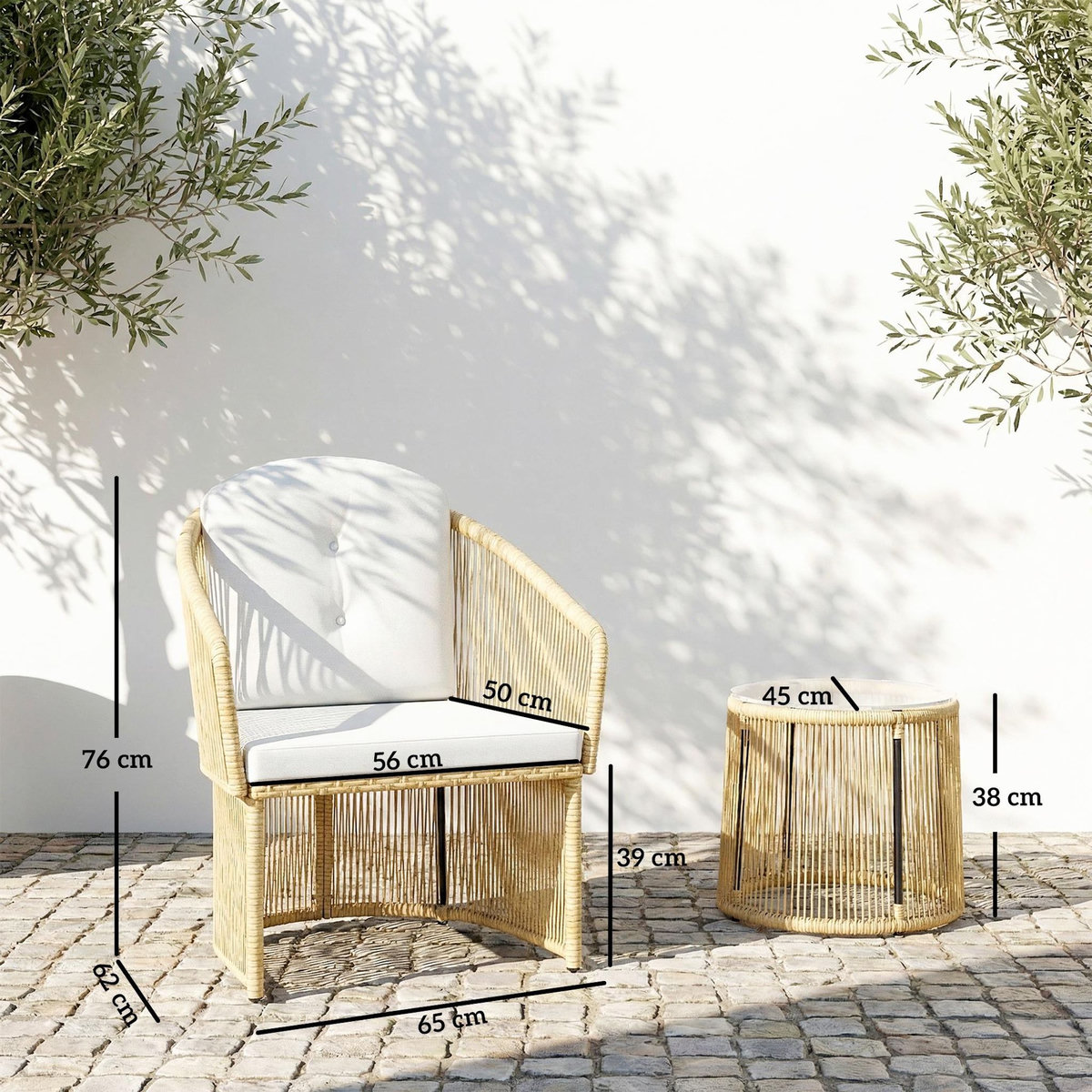 OUTSUNNY Salon de jardin résine tressée 2 places - plateau verre coussins - crème