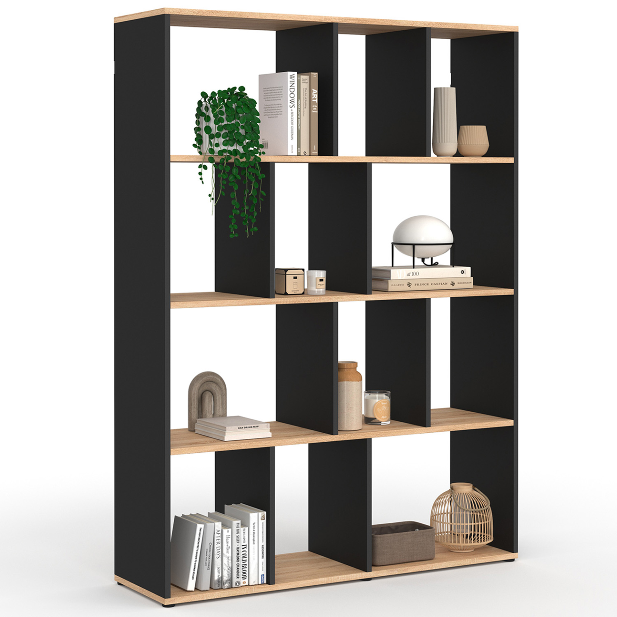 ID MARKET Etagère bibliothèque jena 4 niveaux noir et effet bois 143 cm