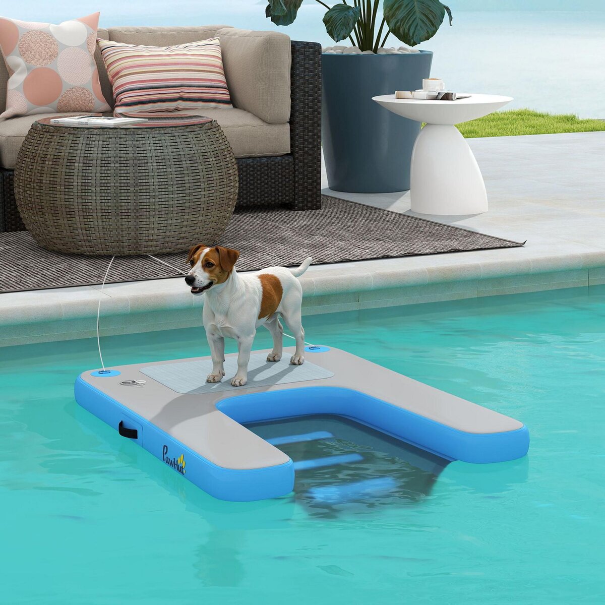 PAWHUT Rampe pour chien - rampe d'eau flottante gonflable pour chien - échelle flottante pour bateaux - surface antidérapante bleu gris