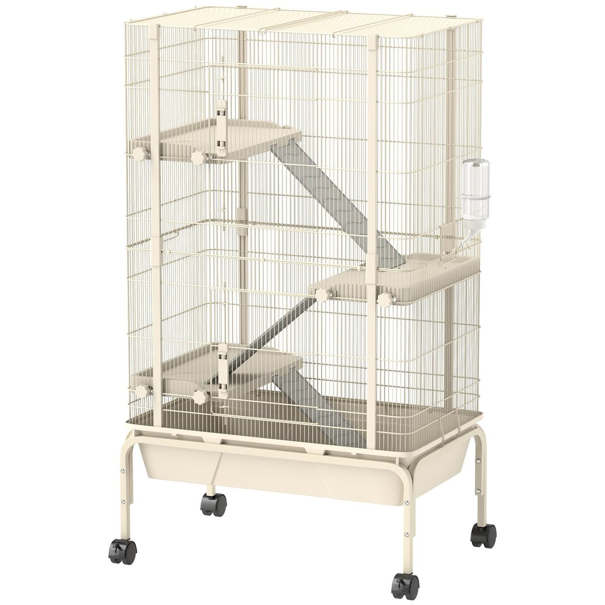 PAWHUT Cage mobile hamster rongeur furet 4 niveaux - 2 portes 3 rampes bac profond roulettes gamelle biberon - 69 x 44 x 120 cm - beige
