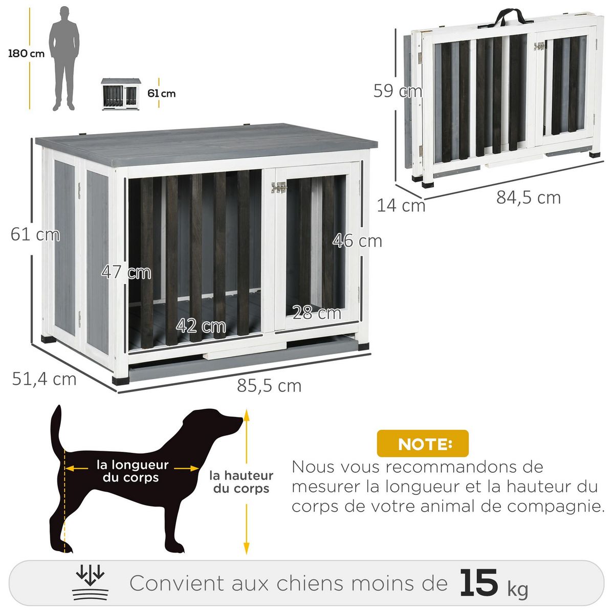 PAWHUT Cage pour chien animaux pliable dim. 84L x 51l x 61H cm porte verrouillable toit ouvrant plateau déjection bois sapin gris blanc noir