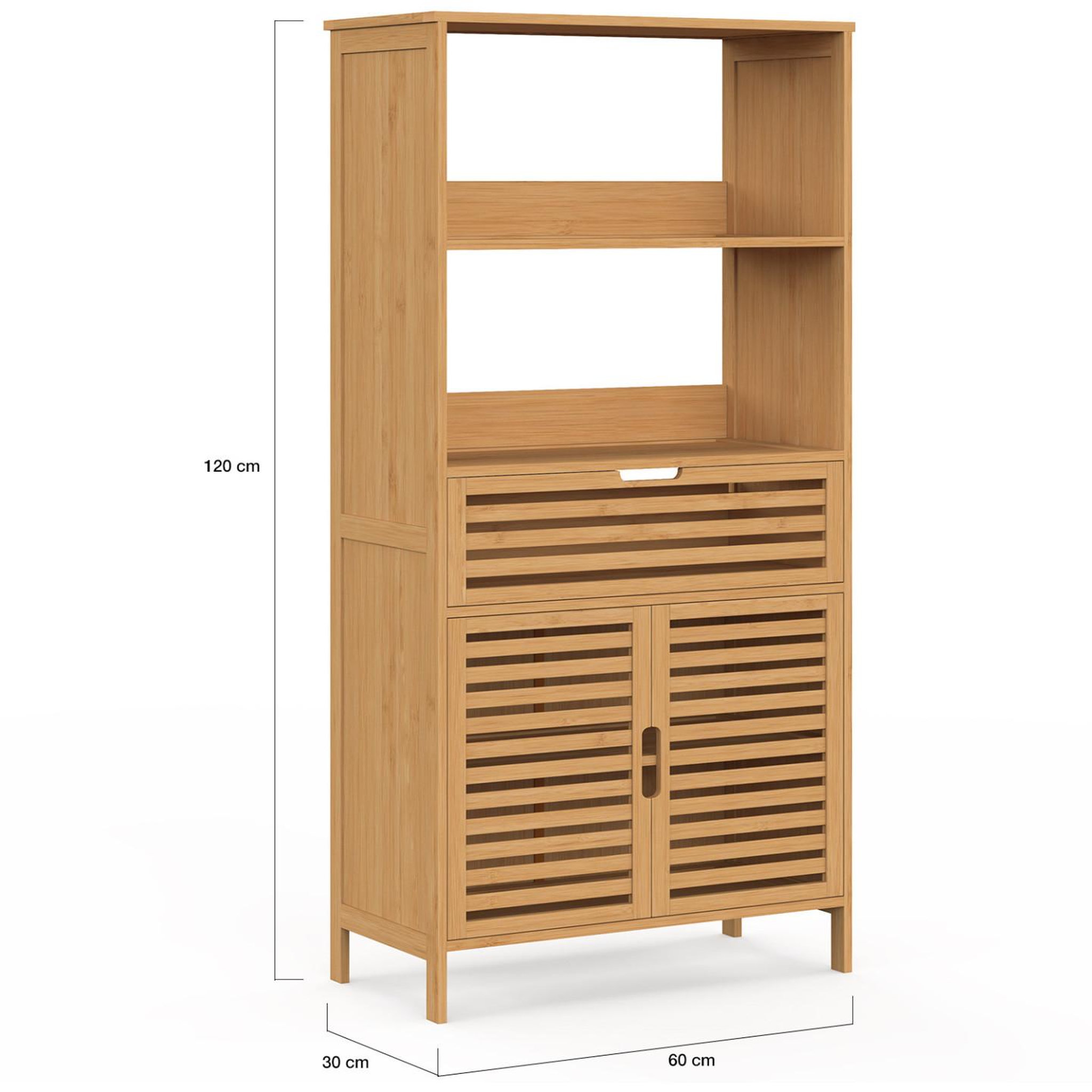 Voir la diapositive 5 : ID MARKET Meuble armoire salle de bain bambou BEA 2 portes et 1 tiroir avec étagères