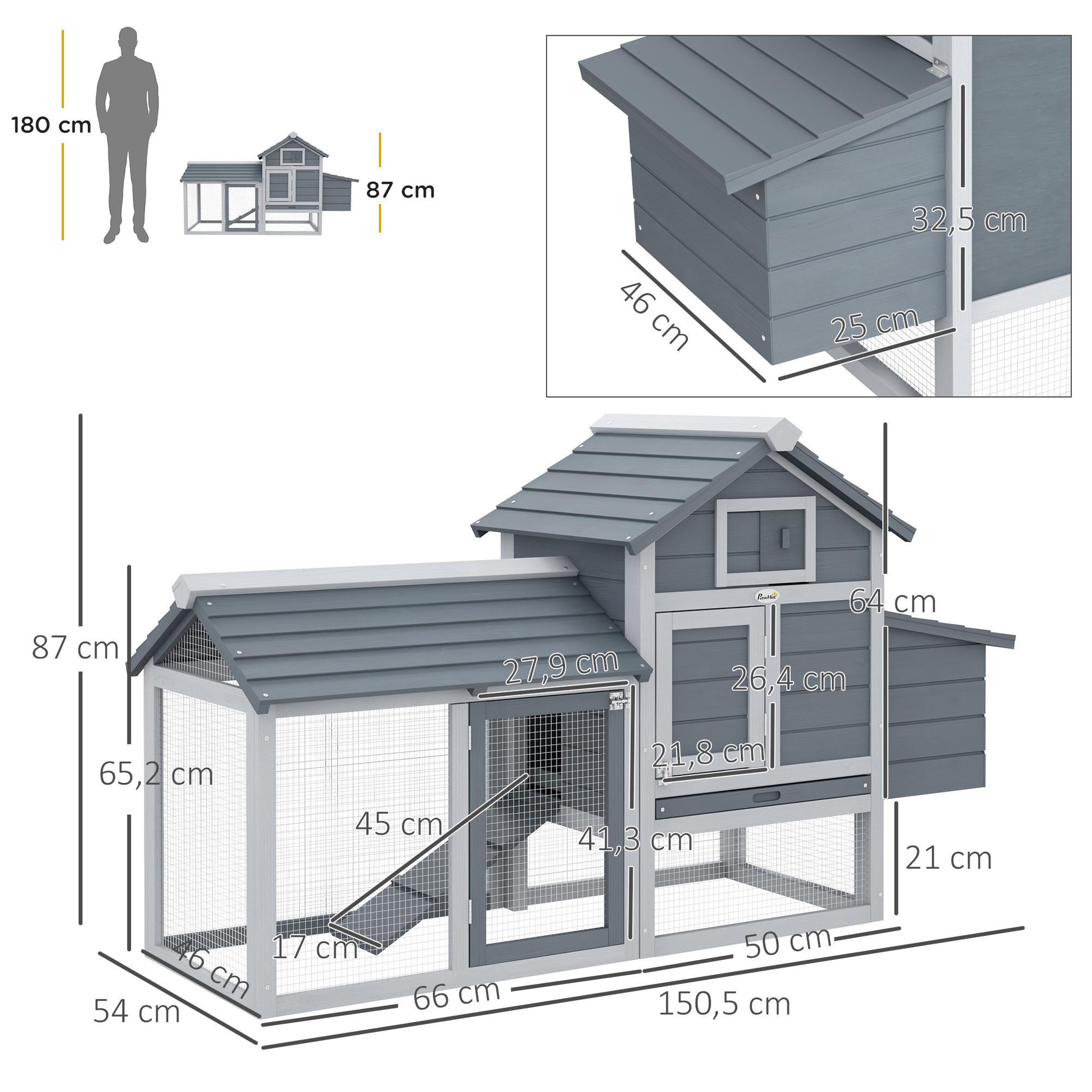 Voir la diapositive 3 : PAWHUT Poulailler cottage cage à poules sur pied dim. 151l x 54l x 87h cm multi-équipement bois pin gris