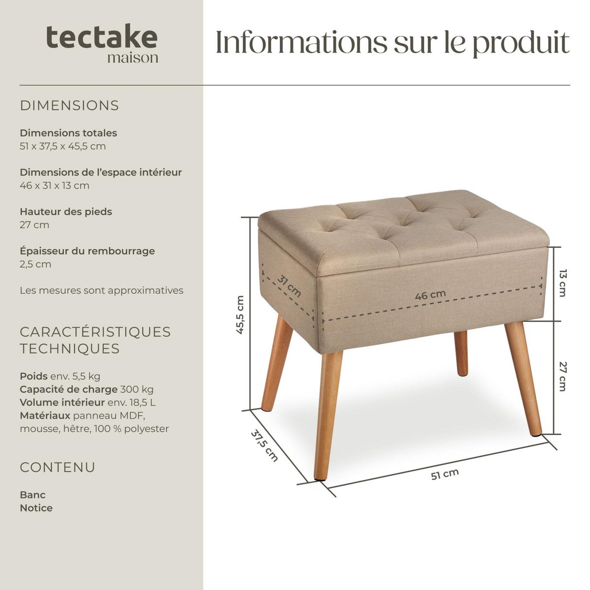 tectake Banc avec coffre de rangement aspect lin avec rembourrage confortable sable