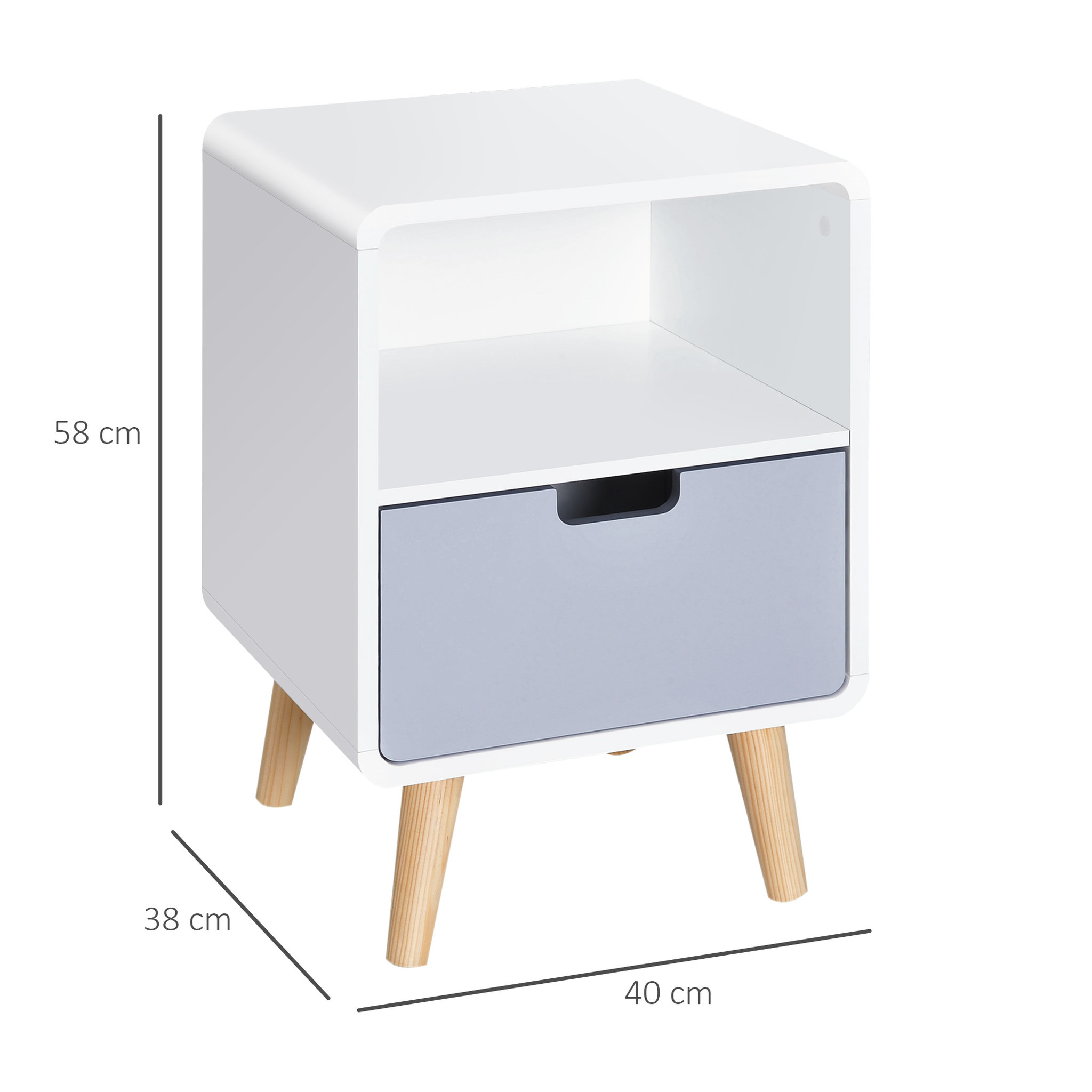 Voir la diapositive 3 : HOMCOM Chevet table de nuit design scandinave 40L x 38l x 58H cm tiroir + niche bois massif pin MDF blanc bleu gris