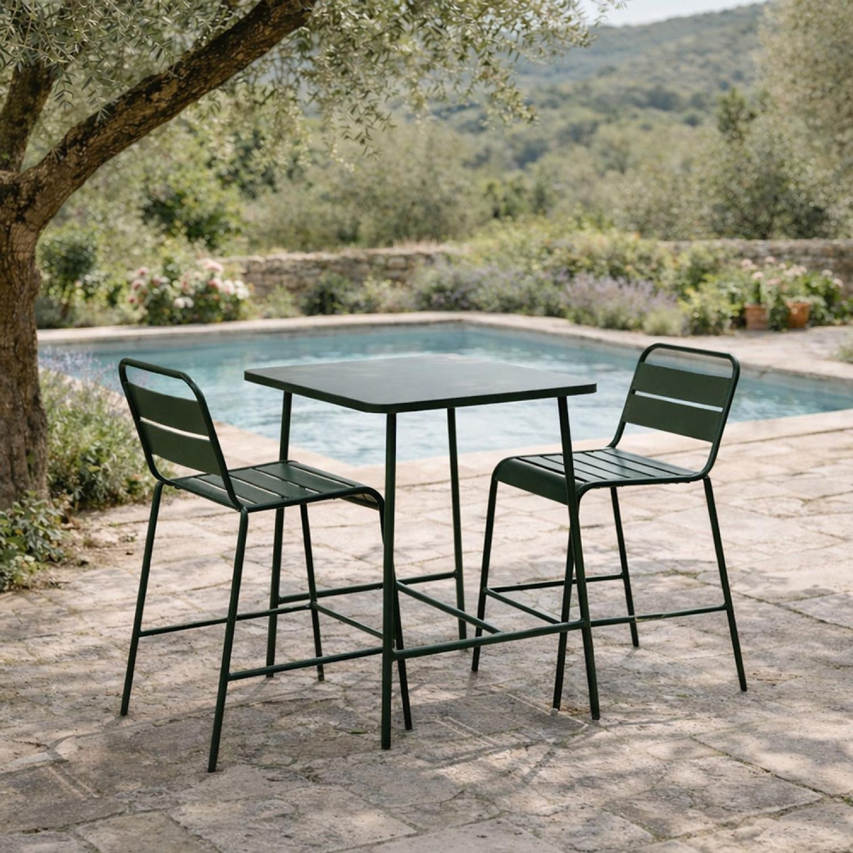 CONCEPT USINE Ensemble table de bar et 2 chaises hautes d'extérieur vert BERGAME