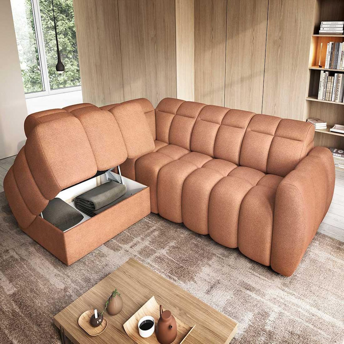 BEST MOBILIER Basile - canapé d'angle gauche 4 places assise extensible électrique avec coffre en tissu texturé