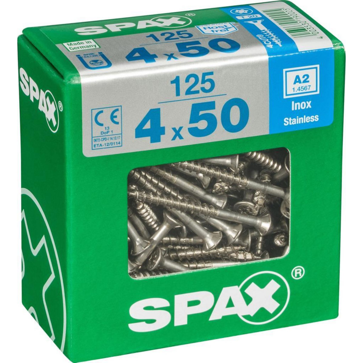 CENTRALE BRICO Lot de 125 vis inox tête fraisée torx SPAX, Diam.4 mm x L.50 mm