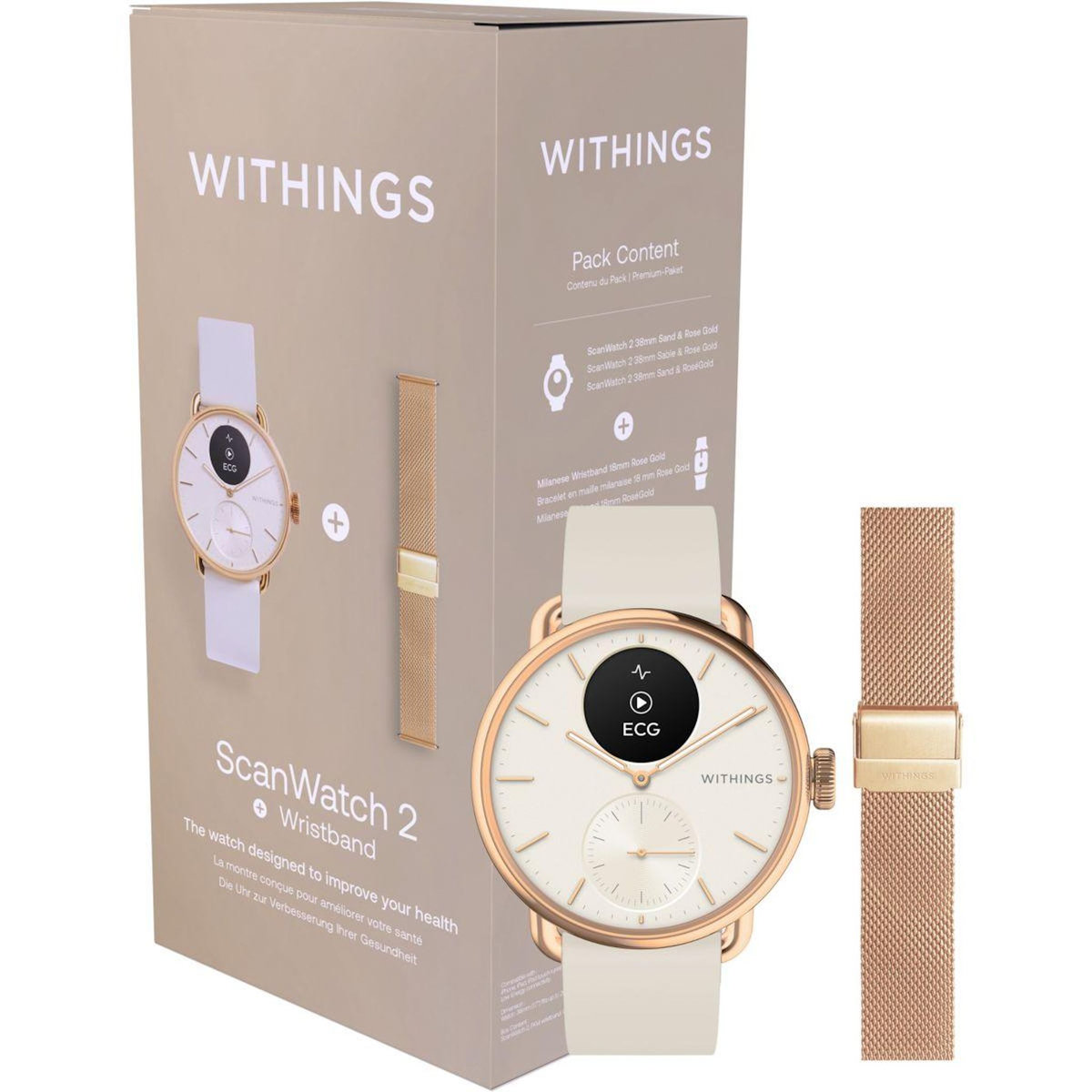 WITHINGS Montre santé ScanWatch 2 Rose Gold 38mm + bracelet milanese offert