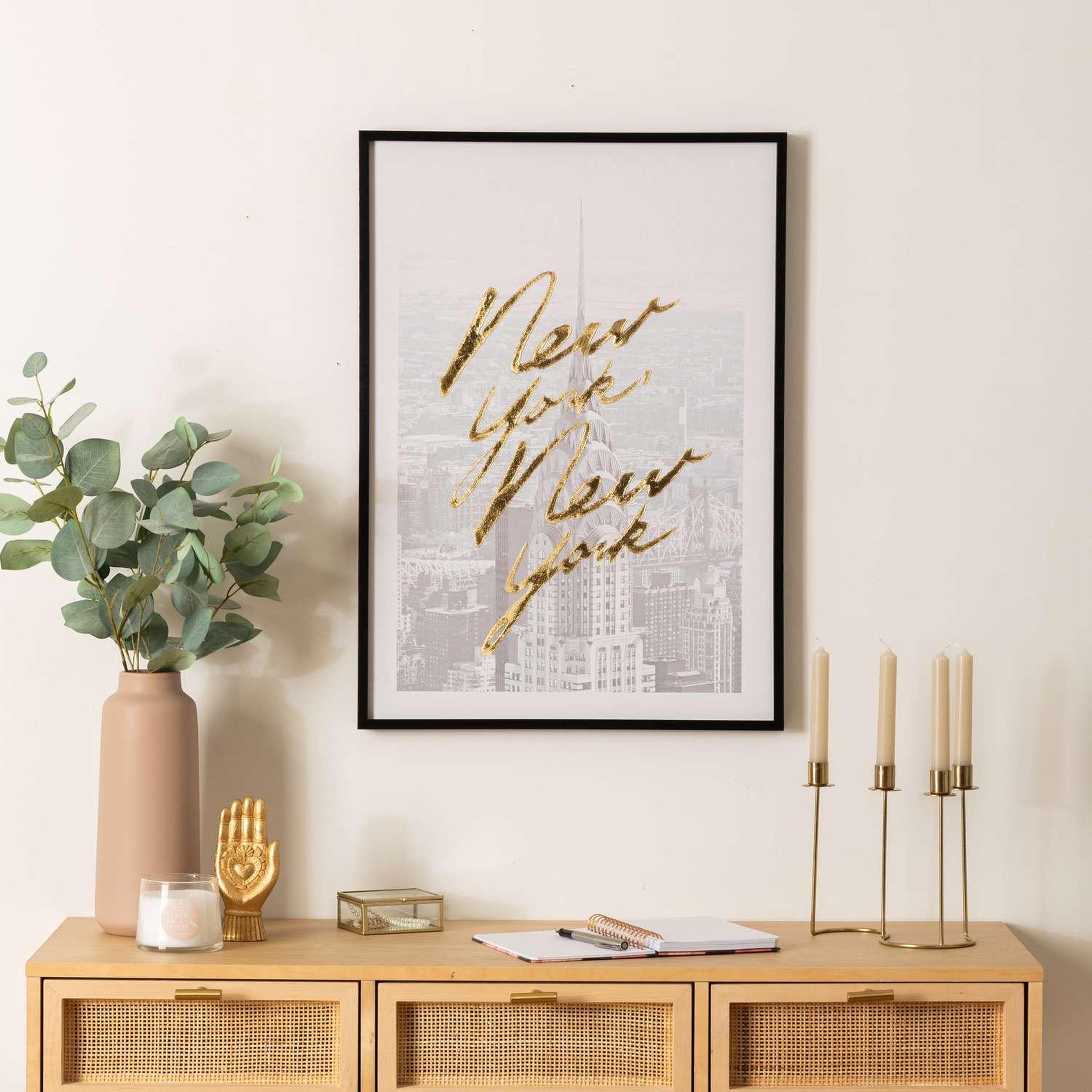 Voir la diapositive 2 : ATMOSPHERA Toile imprimée encadrée à effet alu new york - 50 x 70 cm - gris