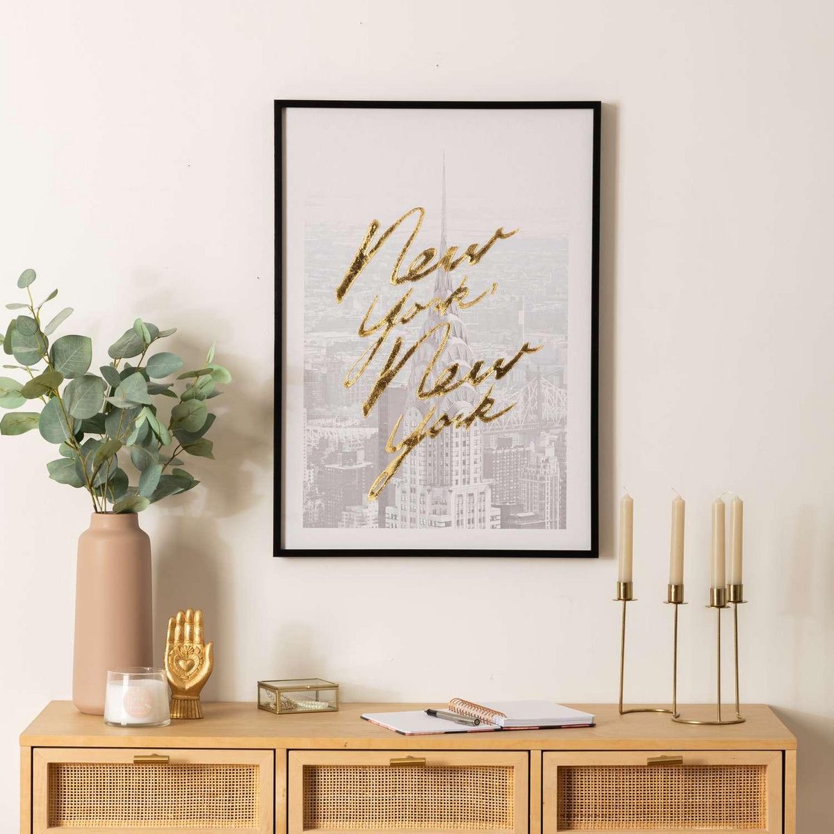 ATMOSPHERA Toile imprimée encadrée à effet alu NEW YORK - 50 x 70 cm - Gris