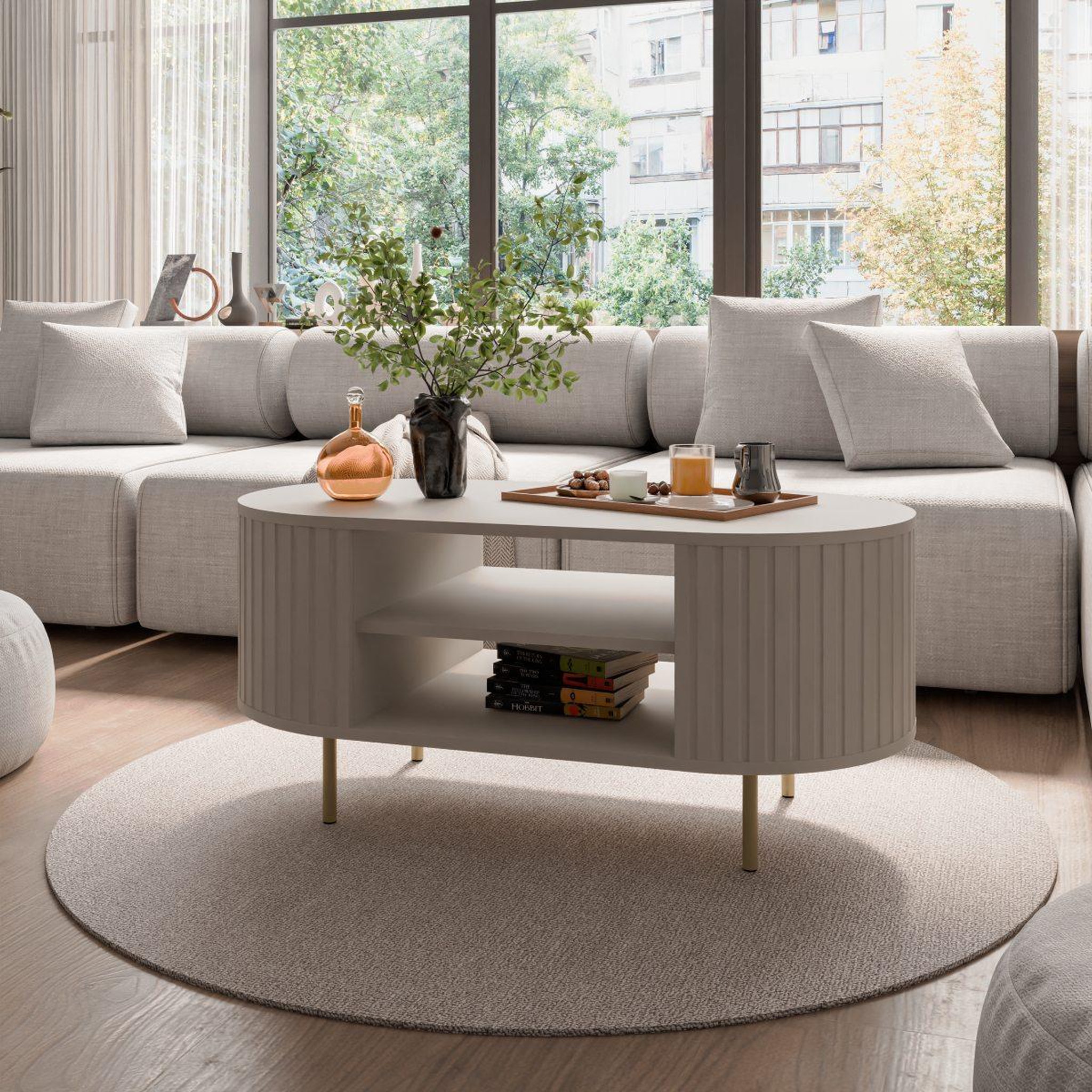 Voir la diapositive 2 : JLC KREATION Table basse moderne ovale beige cachemire lilio