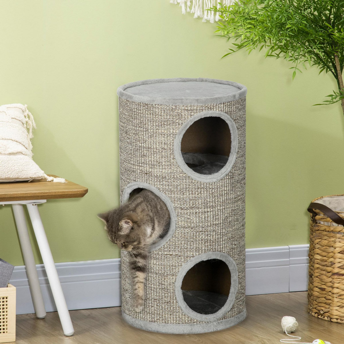 PAWHUT Arbre à chat cylindrique - tour à griffer pour chat - tonneau griffoir - 3 niveaux + plateforme - sisal peluche gris clair