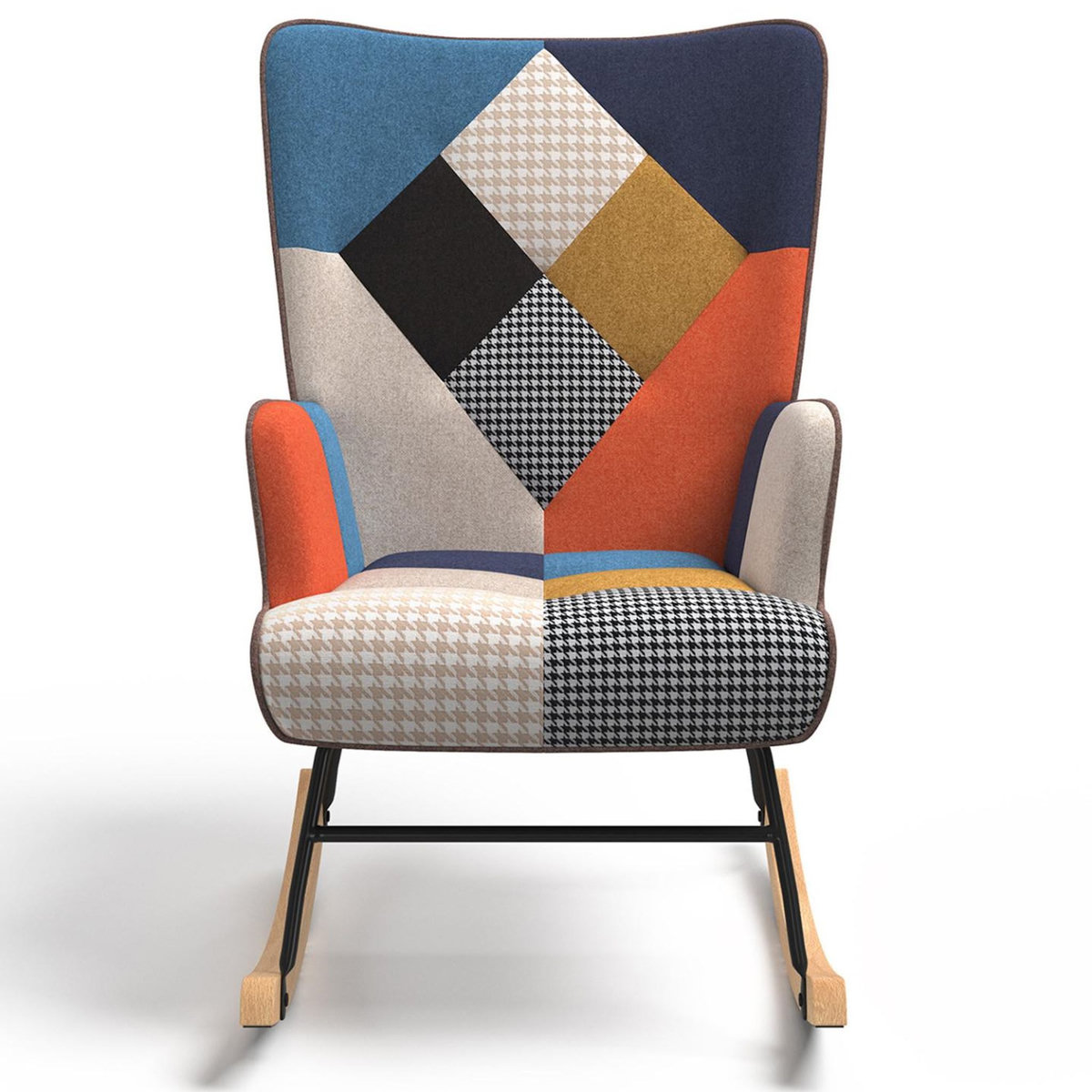 ID MARKET Fauteuil scandinave IVAR en tissu à bascule patchwork multicouleurs