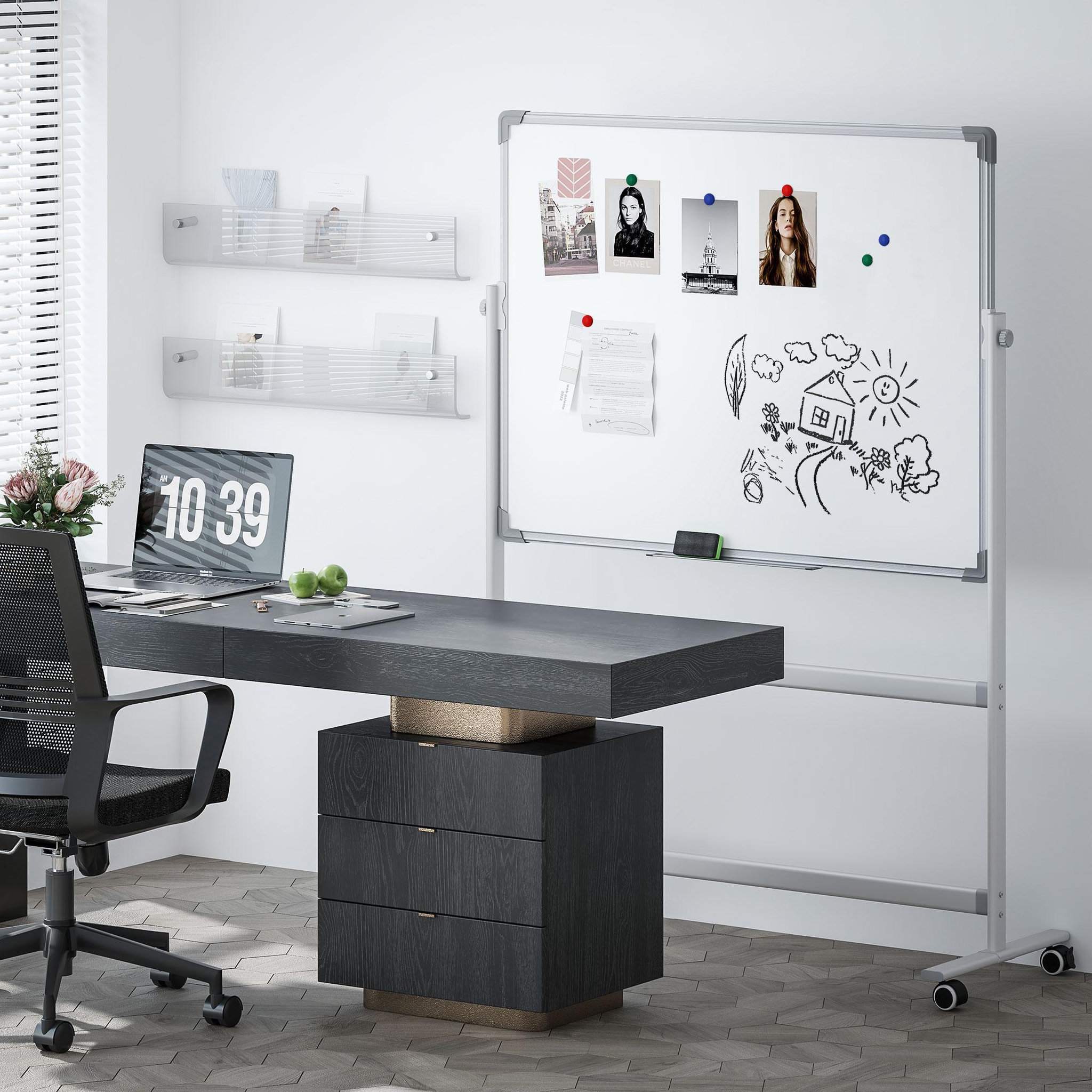 Voir la diapositive 2 : HOMCOM Tableau blanc magnétique sur roulettes double face - tableau rotatif avec étagère - nombreux accessoires inclus