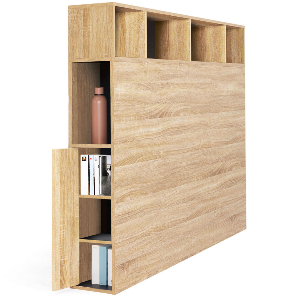 ID MARKET Tête de lit sur pied CLEO 145 cm avec rangements fermés et niches façon hêtre et noir