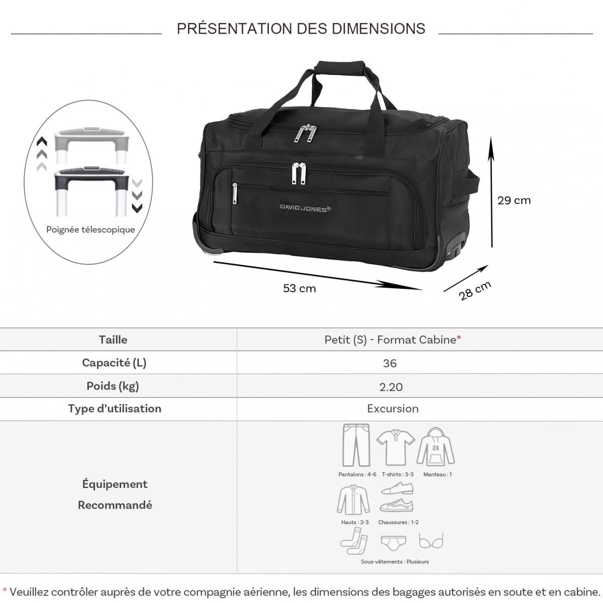 David Jones Sac de voyage cabine avec roulettes 36L  53cm