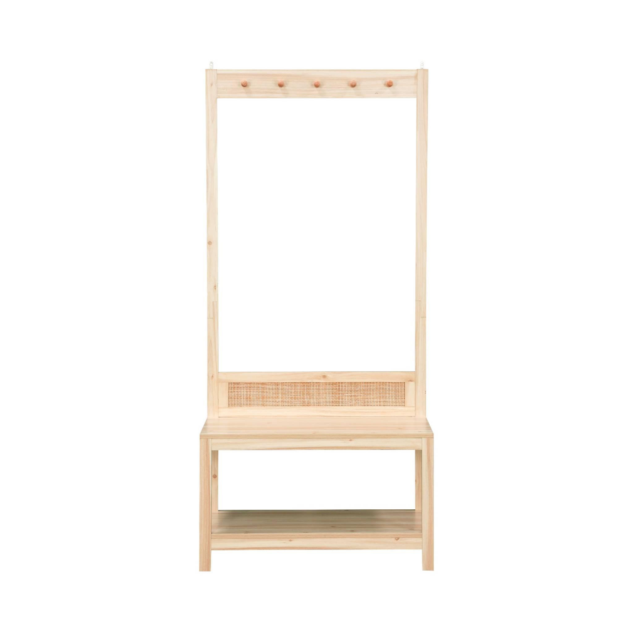 Voir la diapositive 5 : SWEEEK Meuble d'entrée. cannage et décor bois. porte manteau avec étagère