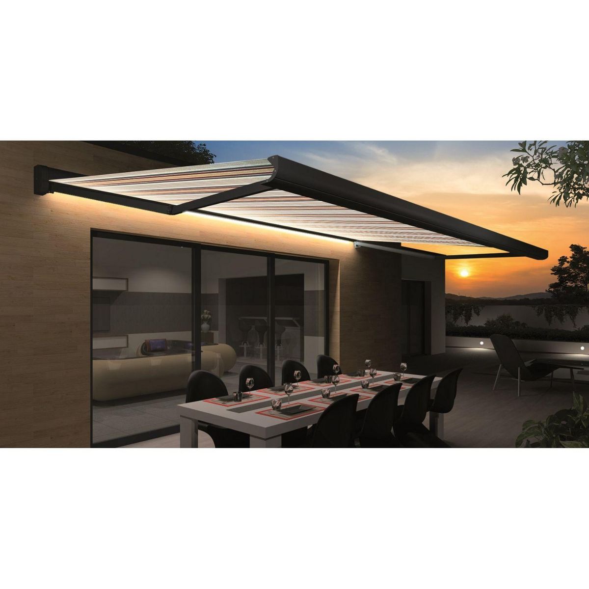 SUNSTYL Store motorisé avec Led NINA rayé Coffre intégral gris 