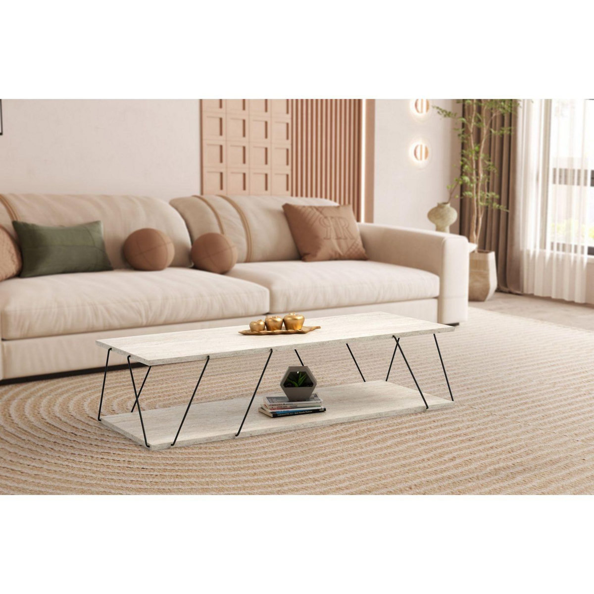 TOILINUX Table basse contemporaine effet travertin - Beige