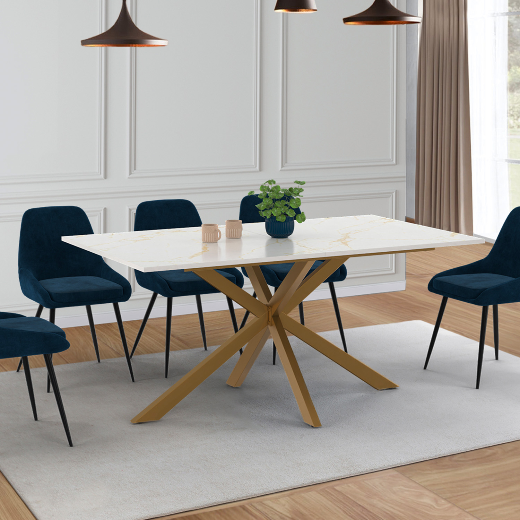 Voir la diapositive 2 : ID MARKET Table à manger rectangle alix 8 personnes pied araignée laiton et plateau effet marbre doré alaska 160 cm